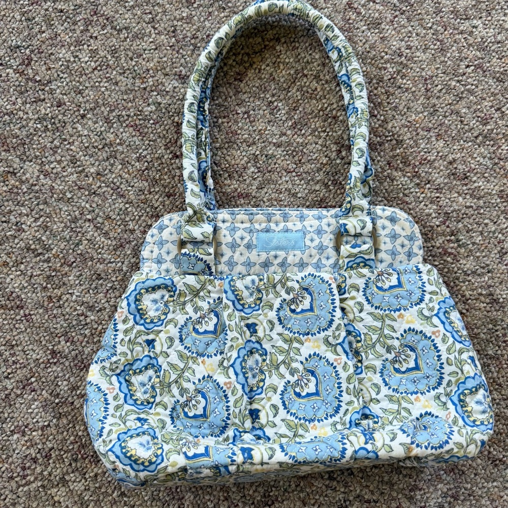 Vintage Longaberger Sisters Blue and Cream Floral Fabric Handbag